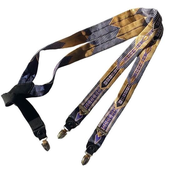 Fratello purple and gold silky fabric print Y style suspenders - Picture 1 of 12